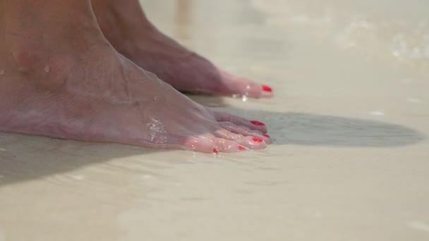 Γυναικεία Πόδια Κόκκινο Πεντικιούρ Στέκεται Στο Κυλιόμενο Κύματα Της Θάλασσας — Αρχείο Βίντεο