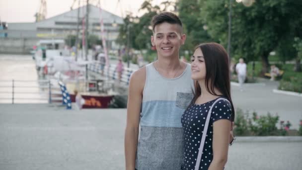 Young Man His Cheery Girlfriend Laughing Frolicking River Quay Sunset — Stock Video