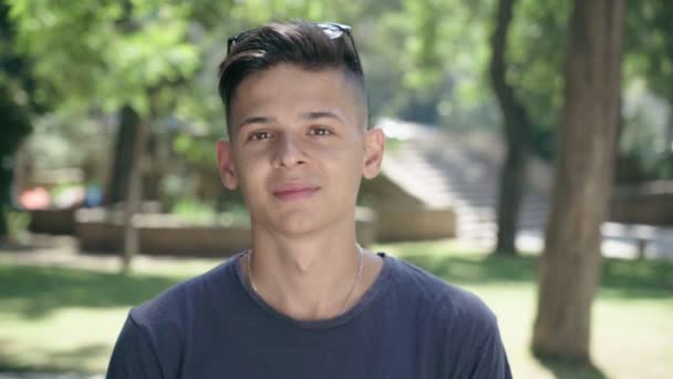 Веселий Молодий Чоловік Стоїть Посміхається Сонячній Парковій Алеї Людьми Влітку — стокове відео