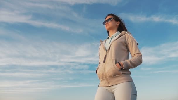 Elegant Young Woman Sport Suit Standing Seacoast Sunset Summer Profile — Stock Video
