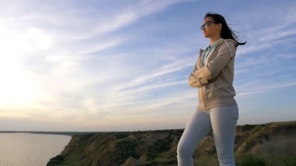 Stylish Young Woman Sport Suit Standing Seashore Sunset Summer Profile — Stock Video