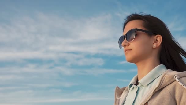 Mujer Joven Con Éxito Está Mirando Mar Pintoresco Día Soleado — Vídeos de Stock