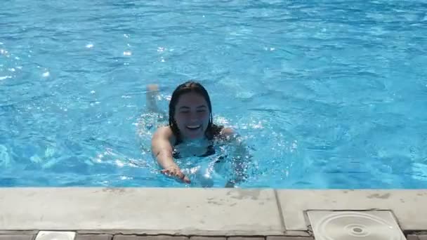 Happy Young Woman Swims Pool Edge Gets Out Takes Seat — Stock Video