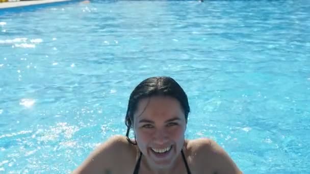 Happy Young Woman Jumping Cheery Edge Swimming Pool Slow Motion — Vídeo de Stock