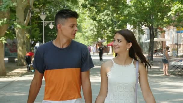 Pareja Feliz Enamorada Sonriendo Caminando Una Calle Verde Verano Slo — Vídeos de Stock