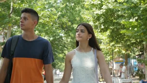 年轻情侣在夏天漫步在一个绿色的小巷在慢动作浪漫的看法 一个运动的年轻人漫步与他的好女友在一个阳光明媚的日子 在一个绿色的公园长松散的头发慢动作 — 图库视频影像