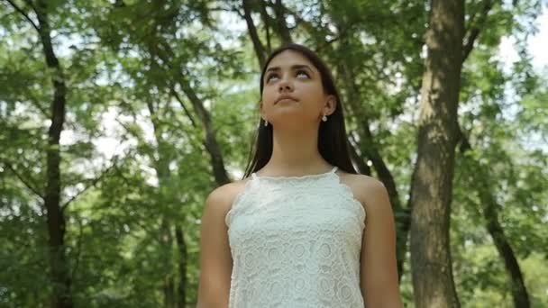 Charmed Belle Fille Regarde Vers Haut Dans Une Forêt Épaisse — Video