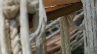 Genç adam bir ip hamak yaz yavaş hareket rahatlatıcı bir brunet adam mutlu ağır çekimde yapraklı ağaçların gölgesinde zor halatlar dan dokuma egzotik bir hamakta uyumak şort özgün görünümüne uyku ile dinlenme