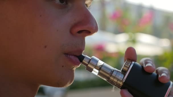 Face Man Smokingand Breathing Out Thick Smoke Cigarette Slo Macro — Stock Video