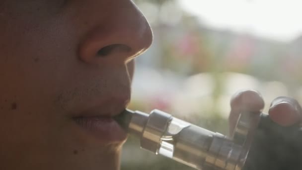 Lips Man Toking Breathing Out Dense Smoke Cigarette Slo Macro — Stock Video