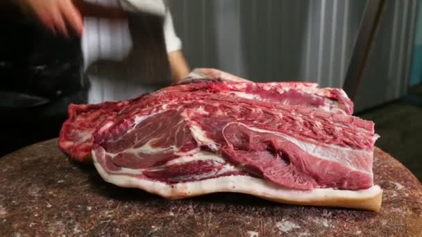 Manos Carnicero Picando Canal Cerdo Con Costillas Usando Hacha Cámara — Vídeos de Stock