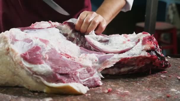 Butcher Uniform Cuts Big Pig Carcass Long Sharp Knife Slow Video By C Operator1975 Stock Footage 220355540