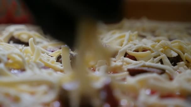 손으로 주방에서 양배추 고추와 샐러드 피자에 치즈의 확산의 야채와 샐러드 — 비디오