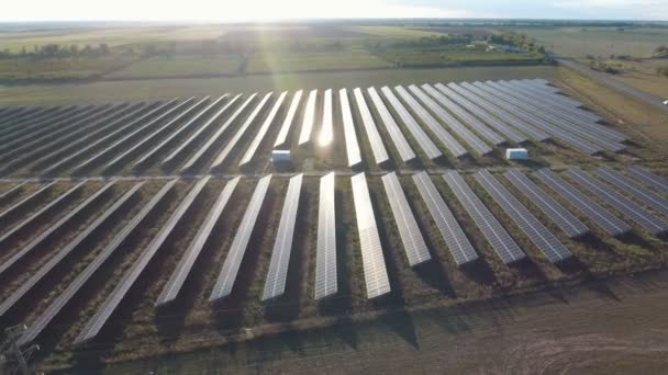 Aerial Shot Solar Power Station Lense Panels Ukraine Sunset Astonishing — Vídeos de Stock