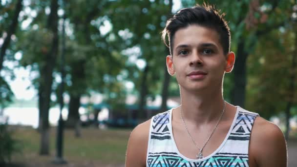 Young Brunet Man Standing Smiling Laughing Green Park Summer Portrait — 图库视频影像