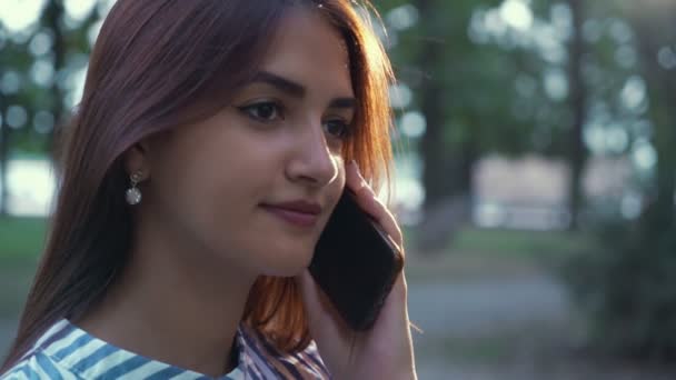 Gülümseyen Romantik Gülümseyen Karanlık Bir Parkta Onu Bal Ile Smartphone — Stok video