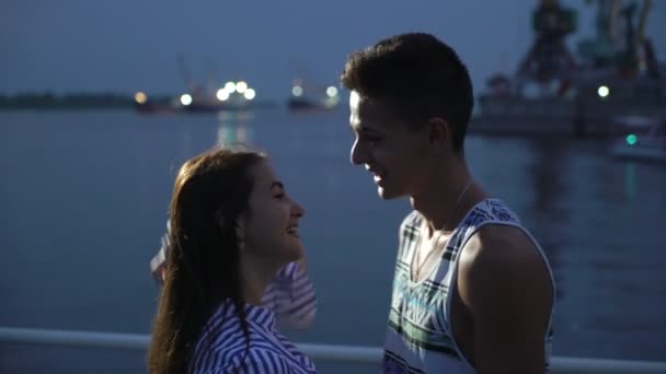 Pretty Girl Her Boyfriend Smiling Laughing Cheery Quay Cheery View — Stock Video