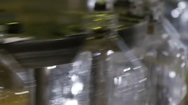 两个金属喷嘴在塑料瓶中流淌向日葵油在移动的传送带上上下移动的两个圆形金属喷嘴的特写镜头 并在一家石油生产厂的传送带上填充空瓶子 — 图库视频影像