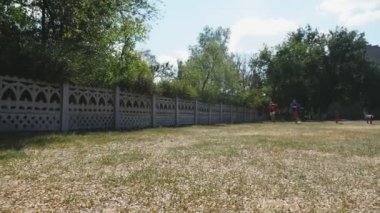 Odessa, Ukrayna-Ekim 2, 2018: neşeli görünümünü hızlı bir şekilde birbirleriyle rekabet yaz aylarında güneşli bir günde bir stadiumwhile bir Beton çit boyunca acele üç enerjik sporcular