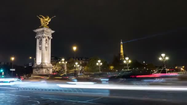 Paris Francja Listopada 2017 Imponująca Panorama Timelapse Oświetlony Pont Alexandre — Wideo stockowe