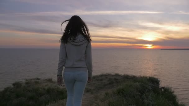 細身の若い女性がスローモーションで夏の夕日で芝生の海の海岸の上を歩いて光のセーターの美しいブルネットの少女観戻ってスローモーションで夏の夕日海岸に行く — ストック動画