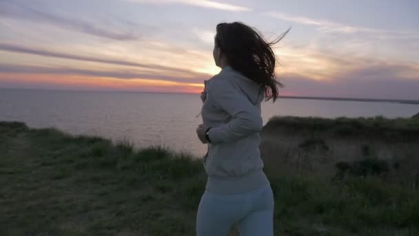 スローモーション スローモーションで夏の素晴らしい夕暮れ時海海岸でジョギング スポーツ スーツで魅力的な若いブルネットののどかな景色で夏の夕日 海岸でジョギング エレガントな若い女性 — ストック動画