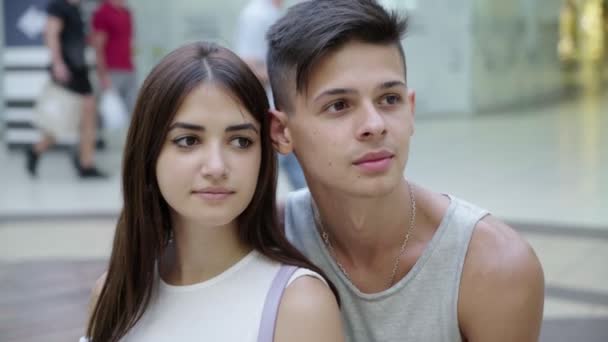Lovely Young Couple Looking Aside Talking Mall Summer Exciting View — Stock Video