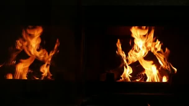 Zwei Pfähle Der Protokolle Einem Kamin Brennt Und Suchen Magische — Stockvideo