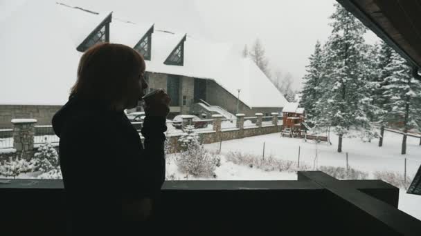 Happy woman drinking hot tea on a patio with a hotel in the backdrop in winter Profile of a relaxing woman in a fur coat drinking hot tea leaning on a wooden fence and observing falling snow in a mountain hotel in winter — Stock Footage Happy Woman Drinking Hot Tea Patio Hotel Backdrop Winter Profile Royalty Free Stock Footage