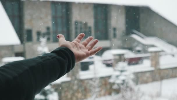 Des Flocons Neige Arty Tombent Sur Une Main Humaine Avec — Video