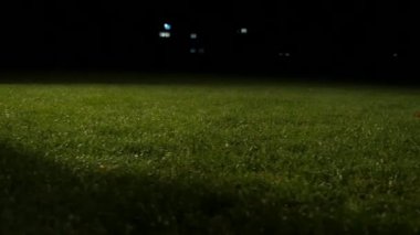 Kiev, Ukrayna - 22 Ekim, 2018:Closeup genç futbol sporcunun ağır çekim yeşil bir çayırda bir futbol top sürme