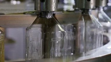 Altın petrol Metal püskürtme uçlarına bir bitki ile şeffaf şişelerde Techno görünüm plastik şişe konveyör slo-mo sürme dökülen sarı yağ sıçraması  