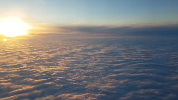 从飞机上看到金色和紫罗兰色云的空中拍摄在灿烂的日落时神奇的鸟图 紫罗兰色和黄云 在风景如画的日落时 从飞行的飞机上 天空像闪闪发光的雪 — 图库视频影像