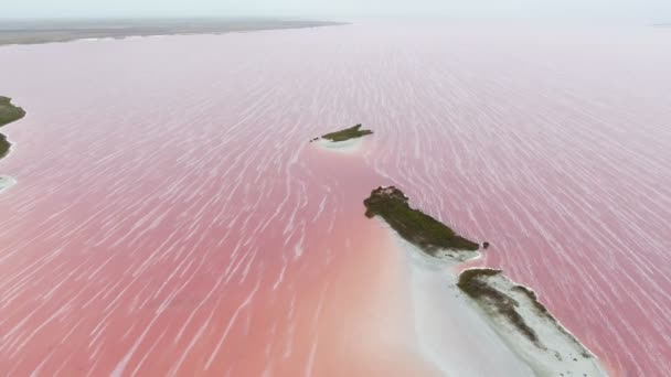 Tiro Aéreo Três Pequenas Ilhotas Nas Águas Cor Rosa Lago — Vídeo de Stock