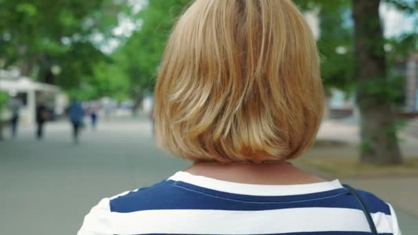 Elegant Blonde Woman Striped Blouse Going Green Street Summer Back — Stock Video