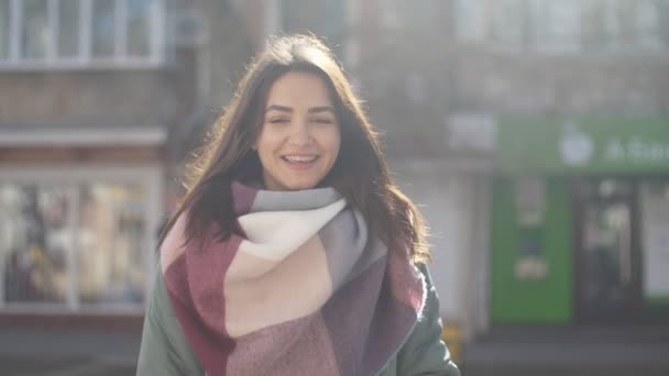 Honey Girl Splendid Scarf Smiling Cheery Street Winter Slow Motion — Stock Video