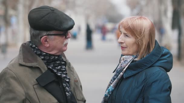 Ανώτερος Άνθρωπος Και Κομψή Γυναίκα Του Μιλώντας Ένα Σοκάκι Εξωτερικούς — Αρχείο Βίντεο