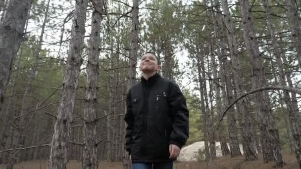 中年男子站在春天的松树林中仰望 在慢动作中 一个穿着黑色夹克的沉思中年男子站在松森林里 在松森林里仰望 — 图库视频影像