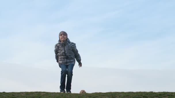 Jolly Boy Jacket Sitting Jumping Field Sunny Day Slo Cheery — Stock Video