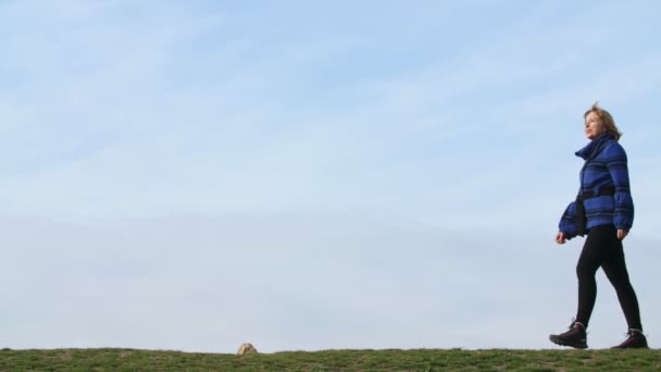 Slanke Blonde Vrouw Gaat Een Groen Veld Een Zonnige Dag — Stockvideo