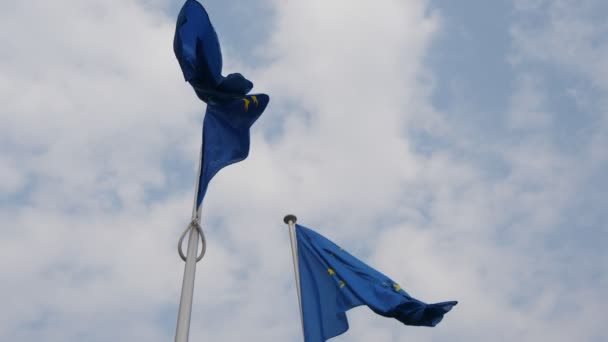 两面欧盟旗帜在布鲁塞尔的浅蓝色和白色空气中飘扬 在春天阳光明媚的日子里 两面欧盟旗帜在布鲁塞尔的欧盟总部飘扬 天空是白的 — 图库视频影像