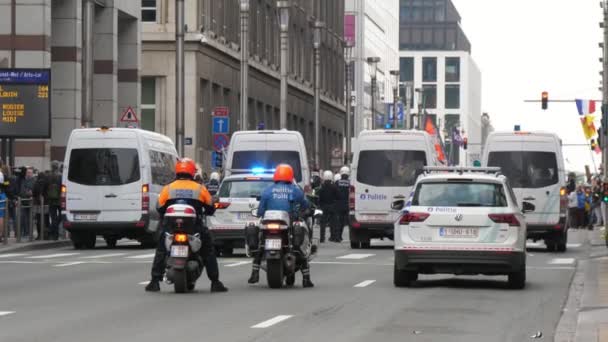 Brüksel Belçika Mart 2019 Dört Beyaz Polis Minibüsünün Bir Sırada — Stok video