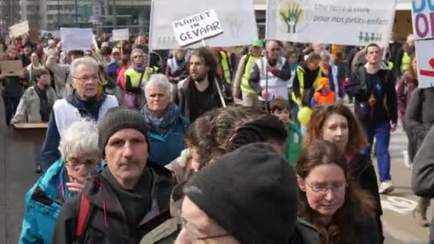 比利时布鲁塞尔 2019年3月30日 一群活跃的绿色抗议者 他们举着旗帜和横幅 微笑着游行 穿过布鲁塞尔的宽阔广场 在春天的景色令人印象深刻 — 图库视频影像