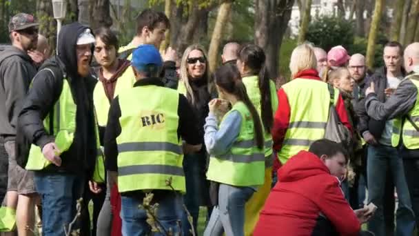 比利时布鲁塞尔 2019年3月30日 在春天阳光明媚的日子里 穿着黄色背心的年轻人在公园里抗议 打手势和谈论他们的问题 — 图库视频影像