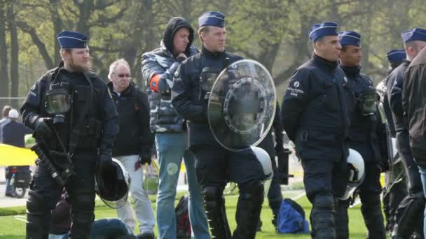 比利时布鲁塞尔 2019年3月30日 在春天阳光明媚的日子里 勇敢的比利时警察穿着觅食帽和黑色制服 在一条街上维护秩序 令人激动 — 图库视频影像