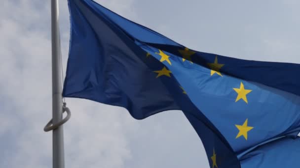 Flag Police Helicopter Sign Background Slow Motion Striking European Union — Stock Video