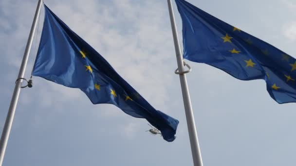 Vlajce Policejní Vrtulník Pozadí Vypadá Jako Symbolický Pohled Vlajku Evropské — Stock video