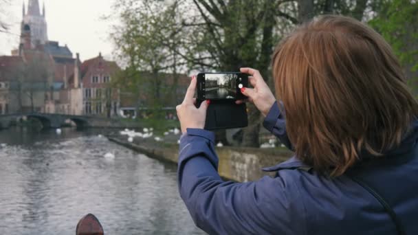 Mulher Alegre Tirar Fotos Cisnes Românticos Canal Brugge Slo Visão — Vídeo de Stock