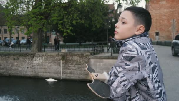 Ragazzino Guarda Canale Acqua Con Cigno Brugge Primavera Rallentatore Emozionante — Video Stock