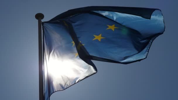 浮动的欧盟标准与十二颗黄色星星在日落时分在Slo Mo兴奋的视图一个挥舞着的欧盟国旗与蓝色背景和十二颗黄色星星在一个美好的日落在慢动作中飞行 — 图库视频影像